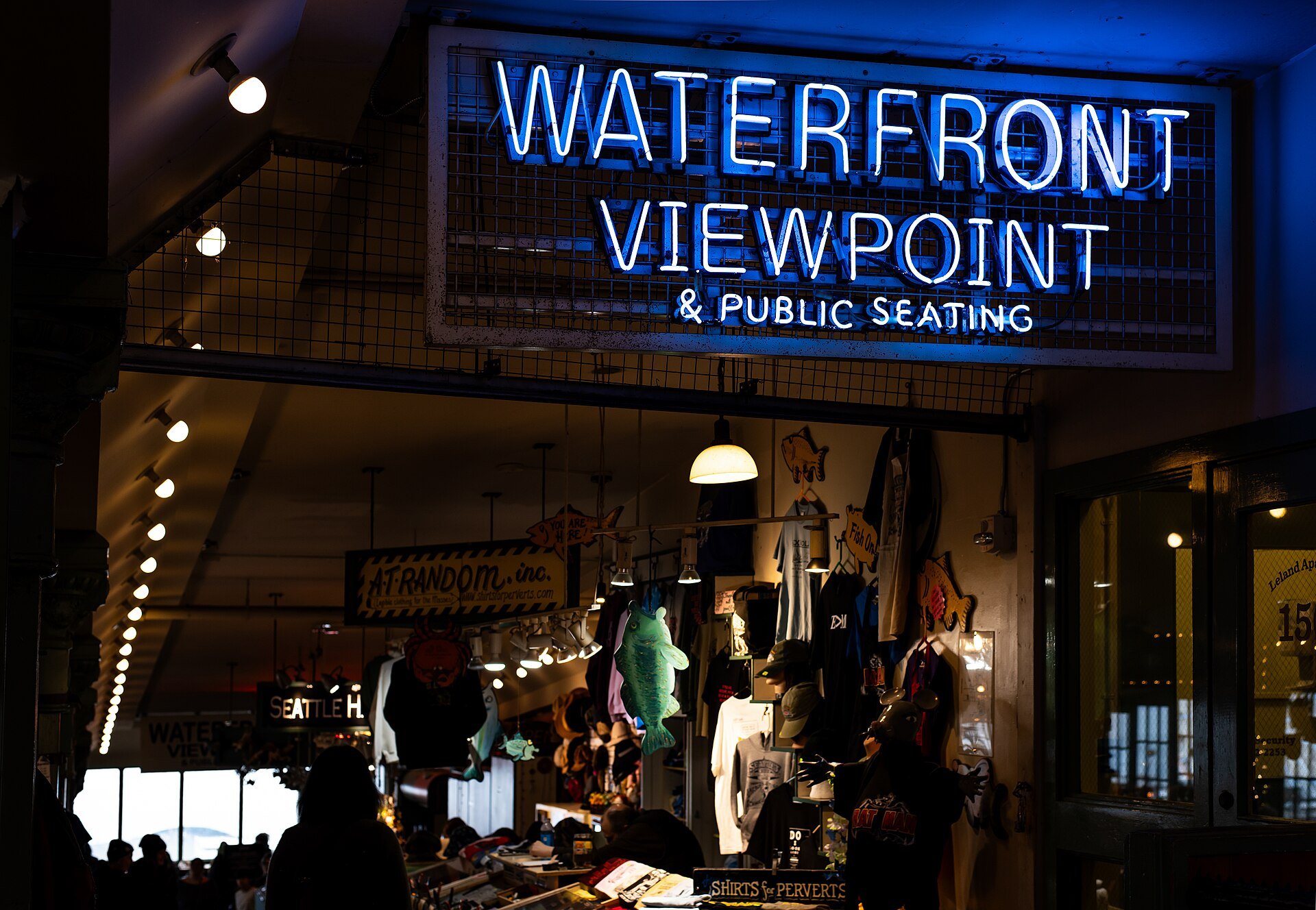 Waterfront viewpoint sign at Pike Place Market in Seattle, Washington, overlooking Elliott Bay