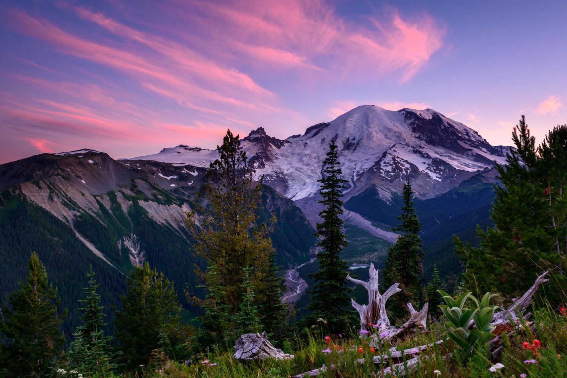 Silver Forest sunset with Mount Rainier and the White River valley