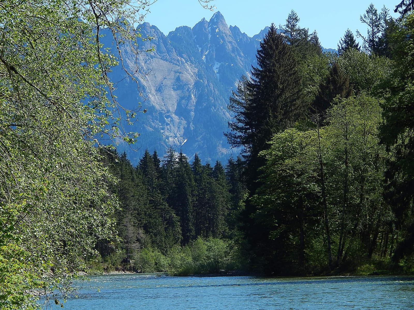 Middle Fork Snoqualmie River winding through old-growth forest below Mount Garfield, Washington State, on the route to Goldmyer Hot Springs