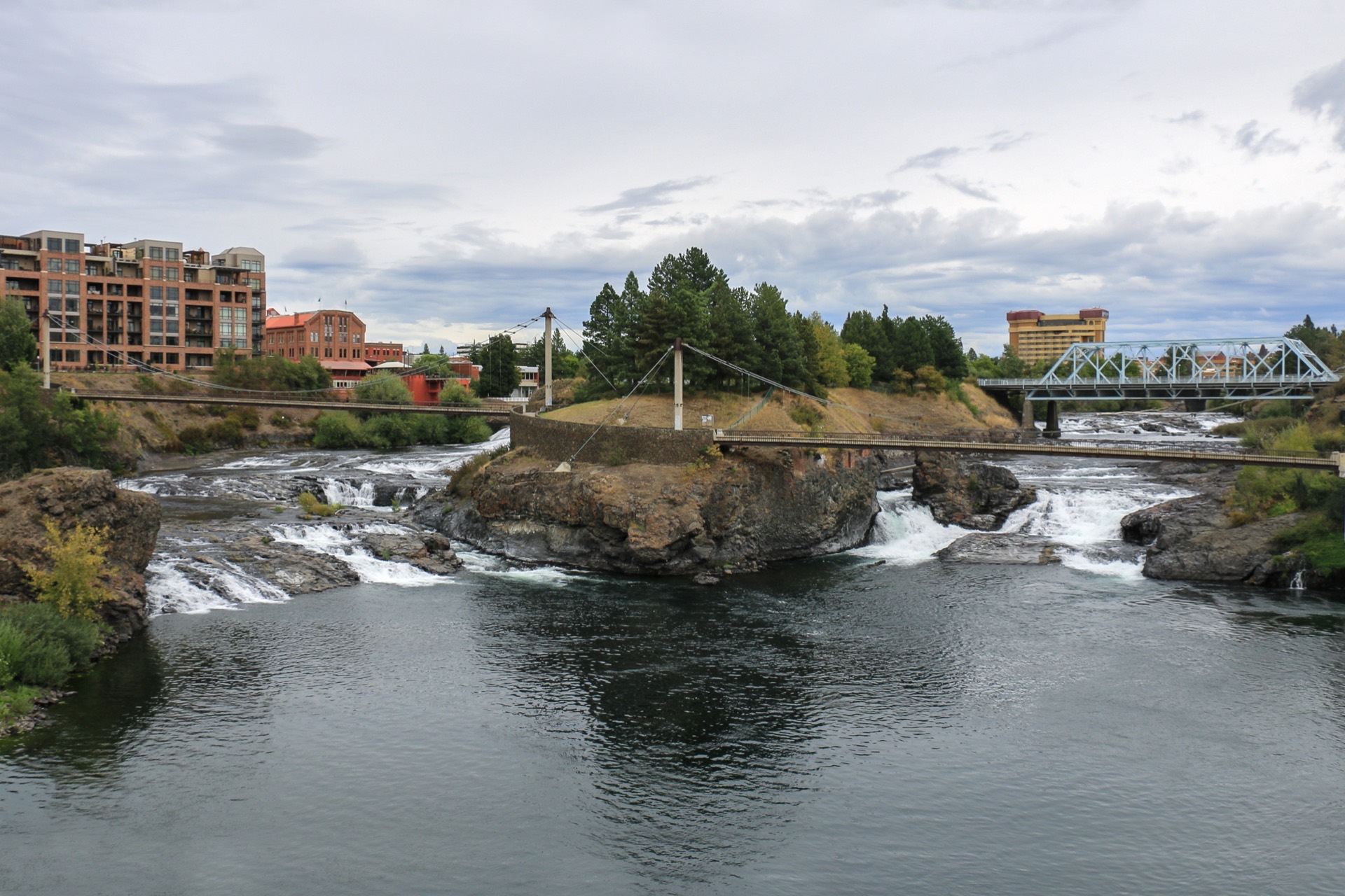 Spokane Upper Falls rushing through the downtown riverfront