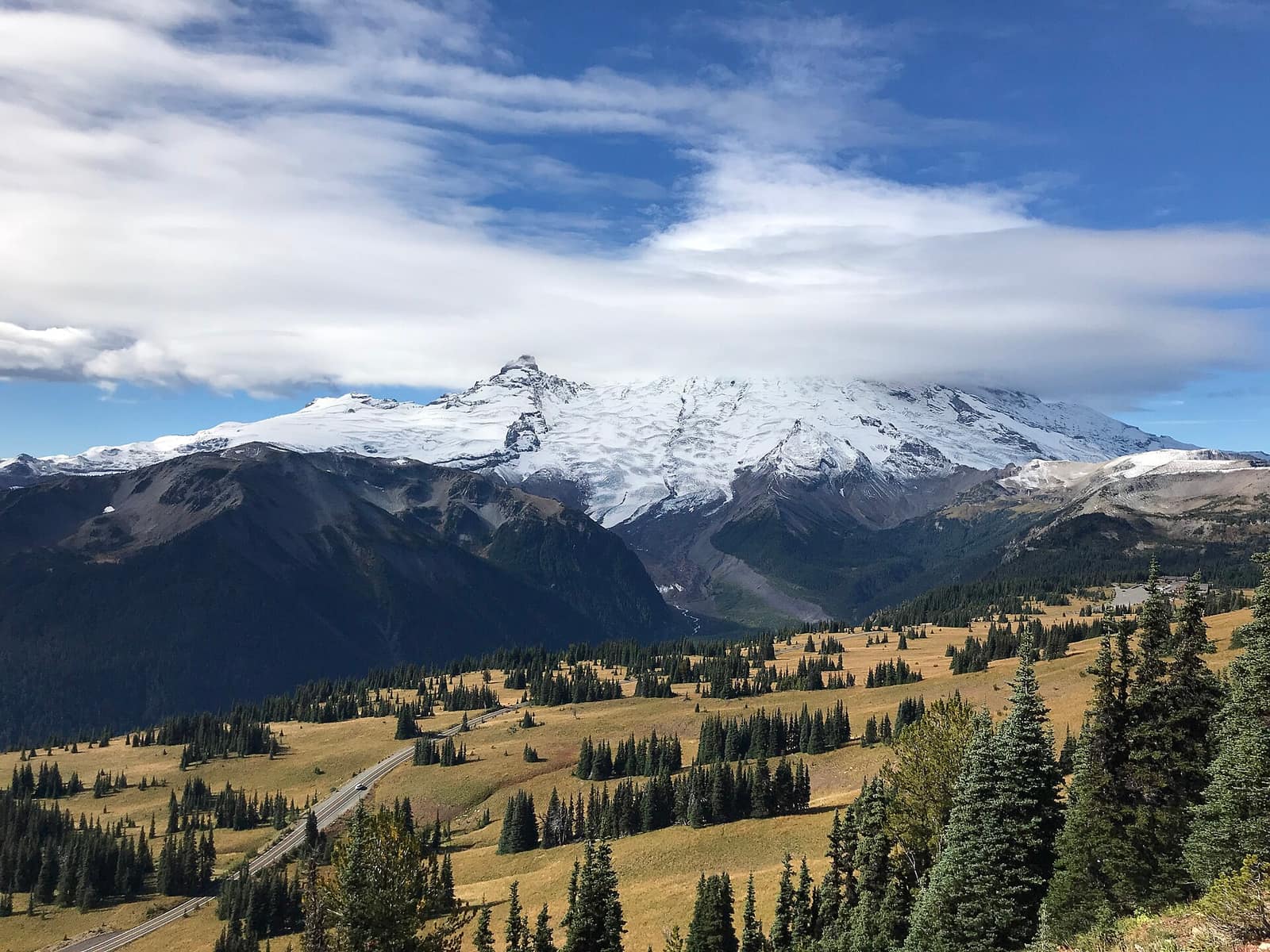 Mount Rainier above the golden subalpine meadows and the road climbing to Sunrise