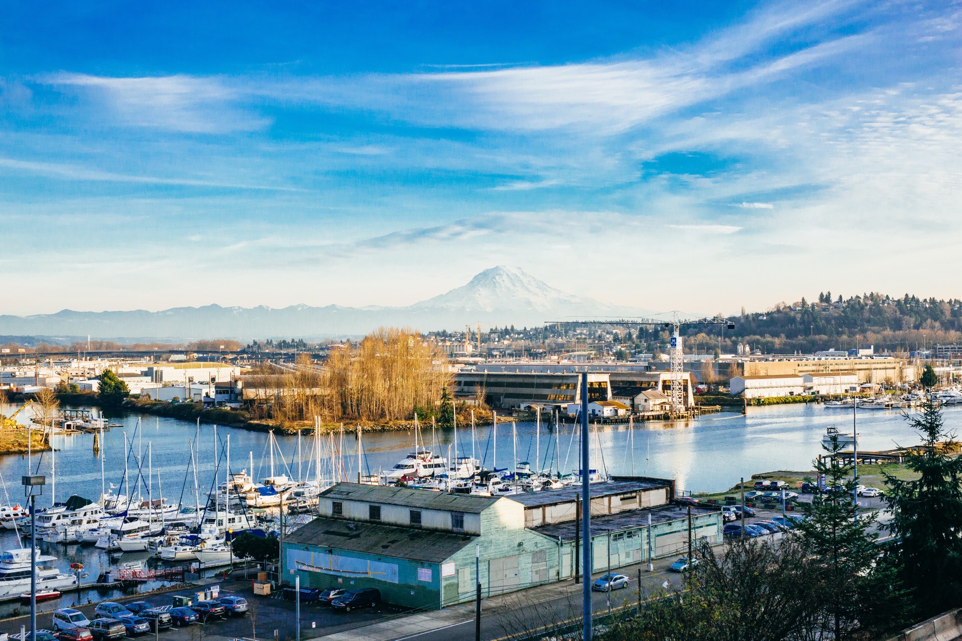Mount Rainier towering over the Foss Waterway in Tacoma