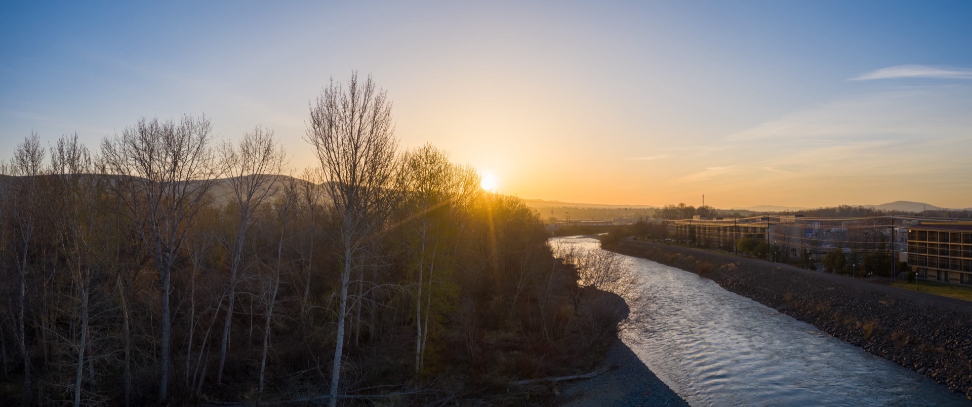 Aerial view over the Yakima River valley looking east at sunrise